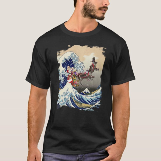 Santa Reindeer Over Great Wave Christmas T-Shirt (Vorderseite)