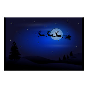 Santa Reindeer Over Moon in Blau Poster