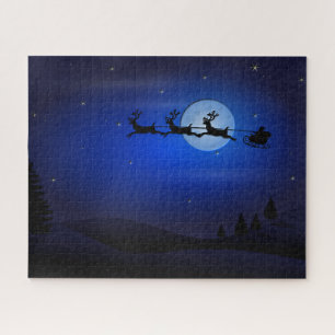 Santa Reindeer Over Moon in Blau Puzzle