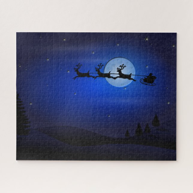 Santa Reindeer Over Moon in Blau Puzzle (Horizontal)