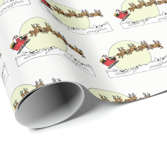 Santa Reindeer Over Snow Covered Town Lt Moon Geschenkpapier (Rolleneckpunkt)