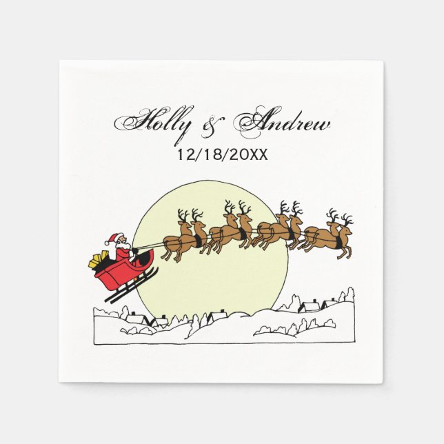 Santa Reindeer Over Snow Covered Town Lt Moon Serviette (Vorderseite)