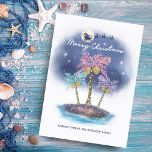 Santa Reindeer Palm Tree Tropical Christmas Feiertagskarte<br><div class="desc">Tropical,  beach theme Christmas card features a sparkling "sand" island,  palm trees decked out in string lights,  and Santa and reindeer flying across the magical night sky,  back-lit by the moon and stars. Artwork by KL Stock.</div>