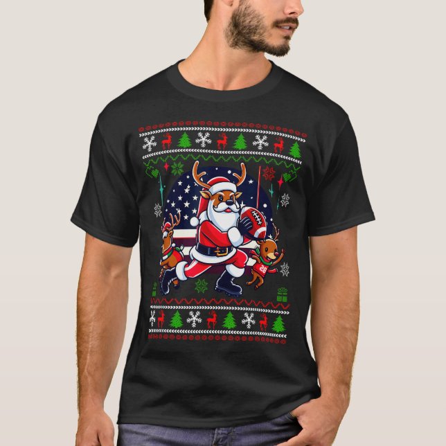 Santa Reindeer Play American Football Ugly Christm T-Shirt (Vorderseite)