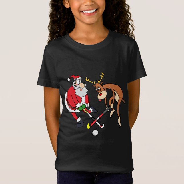 Santa Reindeer Playing Field Hockey Player Xmas Fu T-Shirt (Vorderseite)