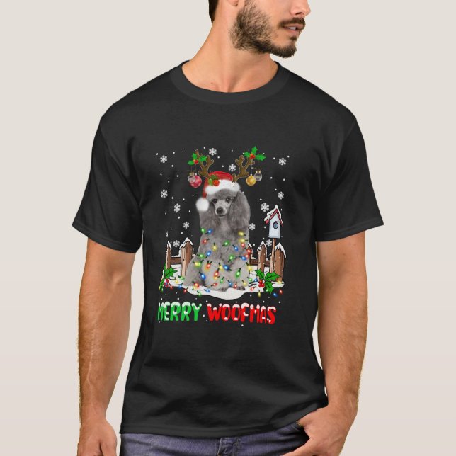 Santa Reindeer Poodle Dog Weihnachtslicht Lights L T-Shirt (Vorderseite)