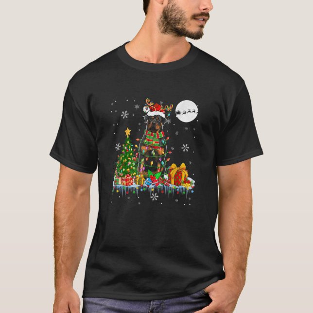 Santa Reindeer Rottweiler Weihnachtsbaumleuchten D T-Shirt (Vorderseite)