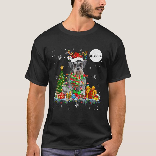 Santa Reindeer Schnauzer Christmas Tree Lights Dog T-Shirt (Vorderseite)