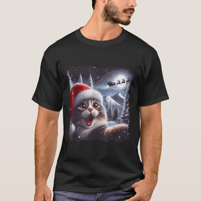 Santa Reindeer Selfie Cat Funny Christmas Tee  (Vorderseite)