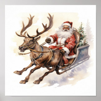 Santa Reindeer Sleigh mit Tree Poster