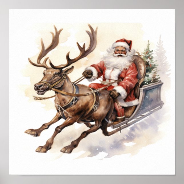 Santa Reindeer Sleigh mit Tree Poster (Vorne)