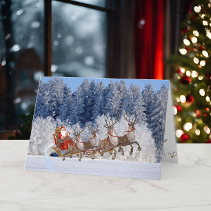 Santa Reindeer Snow Pine Trees Namensgebung Feiert Feiertagskarte