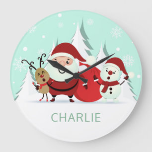 Santa, Reindeer & Snowman custom name wall clocks Große Wanduhr