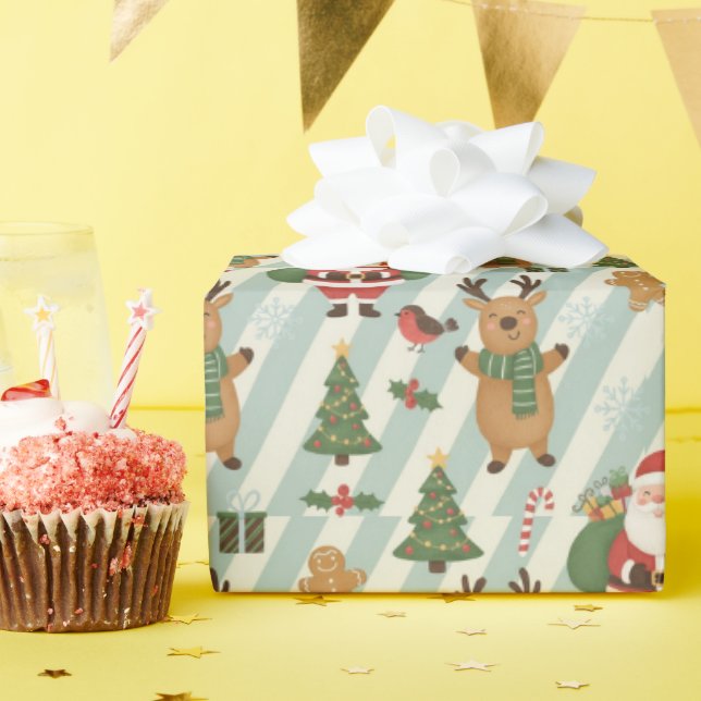 Santa & Reindeer Striped Christmas Wrapping Paper Geschenkpapier (Geburtstagsparty)