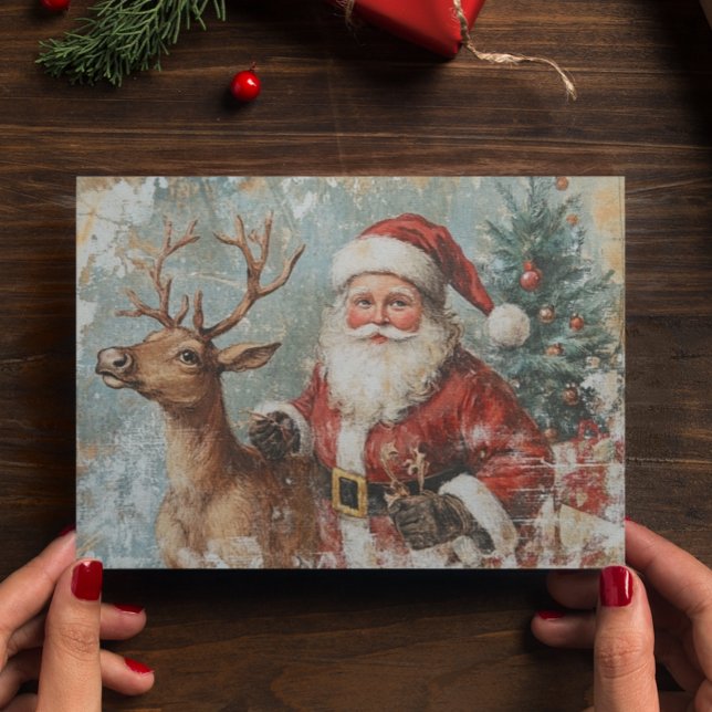 Santa Reindeer Vintag Decoupage Weihnachten Postkarte (Von Creator hochgeladen)