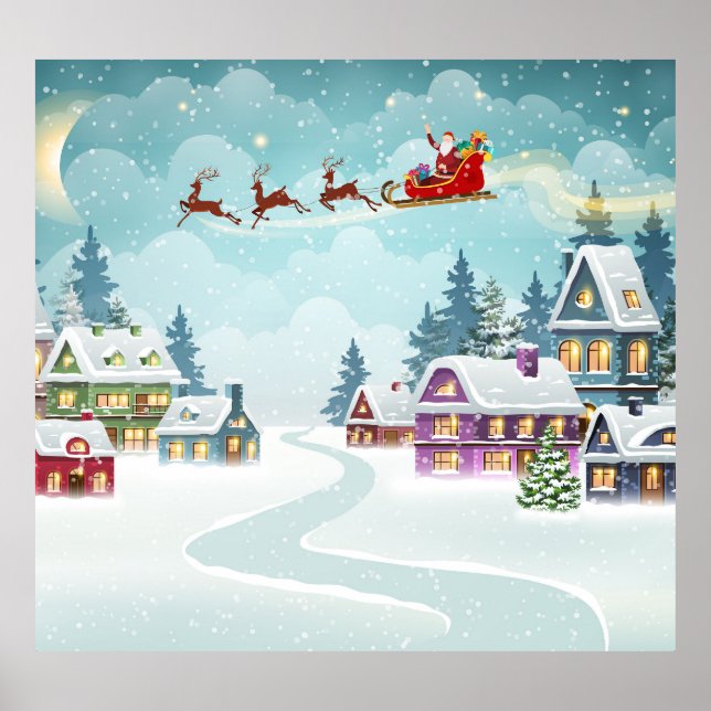 Santa Reindeer Weihnachten Vintage Szene Poster (Vorne)