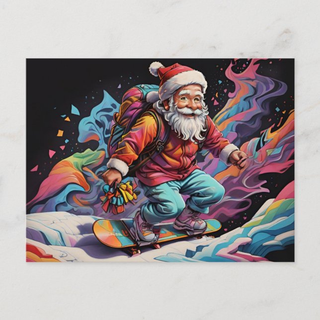 Santa Reiten Snowboard Psychedelische Farben Postkarte (Vorderseite)