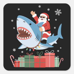 Santa-Reitender-Hai-Weihnachts-Pyjama-Süßer-Ozean Quadratischer Aufkleber