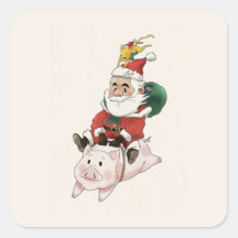 Santa reitet auf einem Schwein, während eine Maus