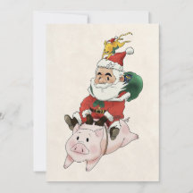 Santa reitet auf einem Schwein, während sich eine