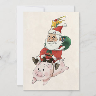 Santa reitet auf einem Schwein, während sich eine  Einladung