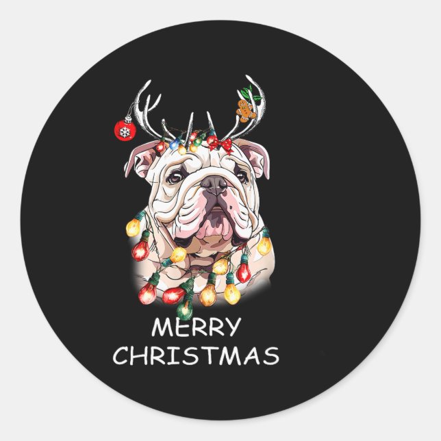 Santa Rentier English Bulldog Hund Weihnachtslicht Runder Aufkleber (Vorderseite)