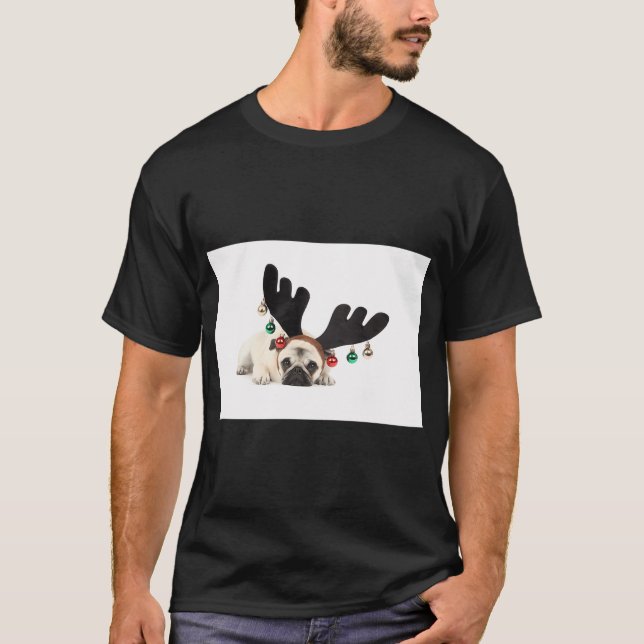 Santa-Rentier-Mops T-Shirt (Vorderseite)