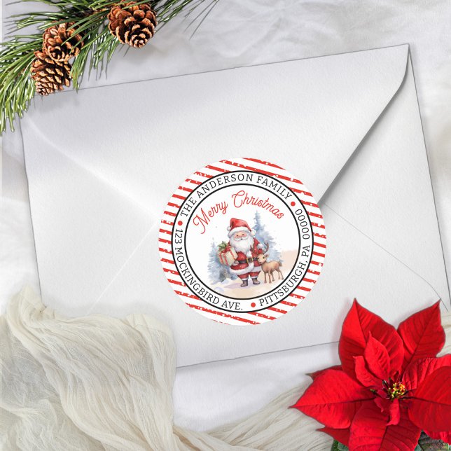 Santa | Rentier Weihnachtskreislauf - Rücksendeadr Runder Aufkleber (Add a festive touch to your holiday correspondence with this Santa and Reindeer Envelope Seal)