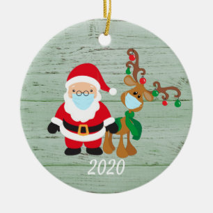 Santa Rentiere 2020 Gesichtsmaske Covid Holz Keramik Ornament