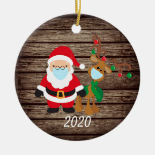 Santa Rentiere 2020 Gesichtsmaske Covid Holz Keramik Ornament