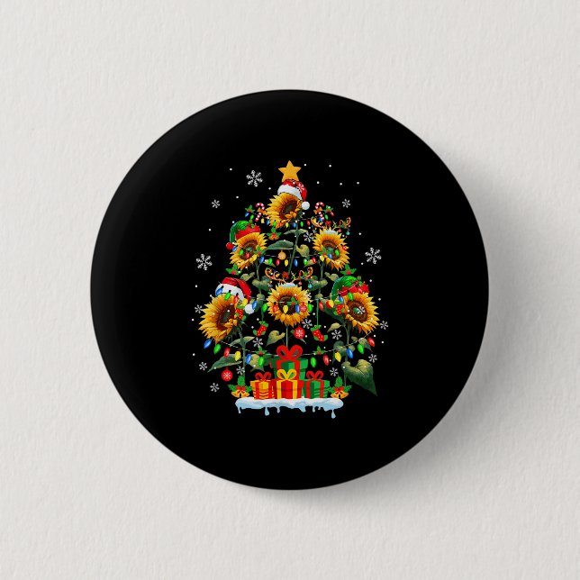 Santa-Rentiere-Elfe Sonnenblumen als Weihnachtsbau Button (Vorderseite)