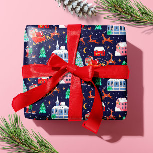 Santa & Rentiere Weihnachtsnacht Nordisches Dorf Geschenkpapier