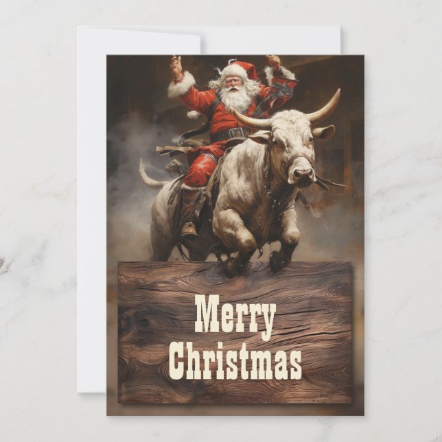 Santa Riding a Bull Feiertagskarte (Vorderseite)