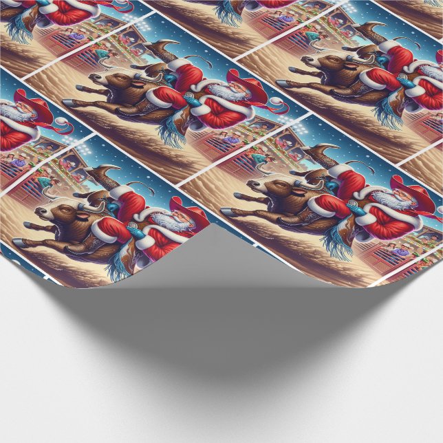 Santa Riding a Rodeo Bull Weihnachten Geschenkpapier (Ecke)