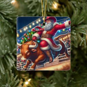 Santa Riding a Rodeo Bull Weihnachten Keramikornament
