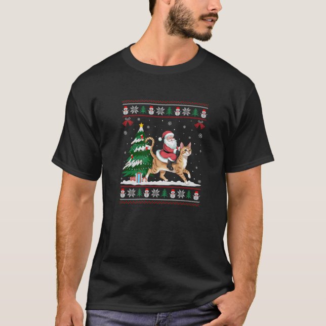Santa Riding Abyssinian Cat Tree Lighting Christma T-Shirt (Vorderseite)