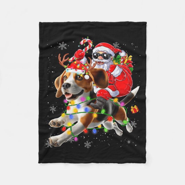 Santa Riding Beagle Christmas Lights Funny Dog Xma Fleecedecke (Vorderseite)