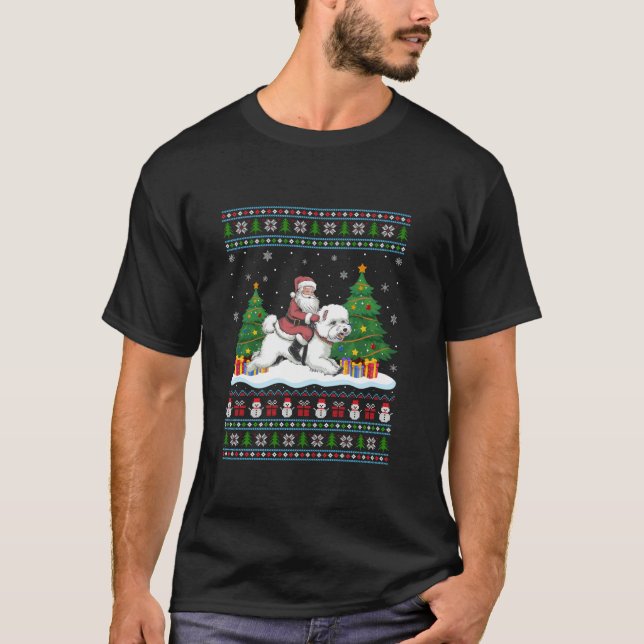 Santa Riding Bichon Frise Hunde Tree Lights Ugly X T-Shirt (Vorderseite)