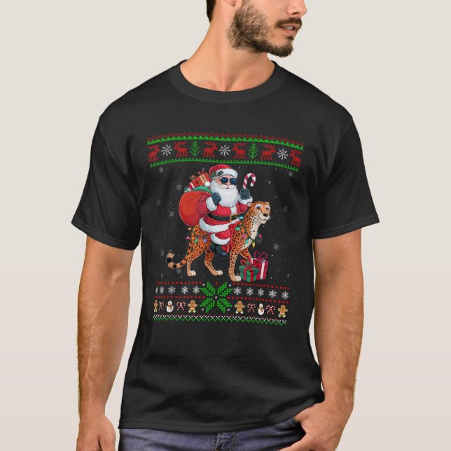 Santa Riding Cheetah Weihnachtslicht Ugly Xmas T-Shirt (Vorderseite)