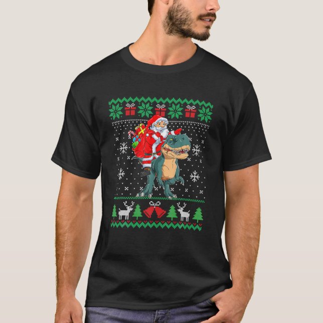 Santa Riding Dino Trex Dinosaurier Weihnachten T-Shirt (Vorderseite)