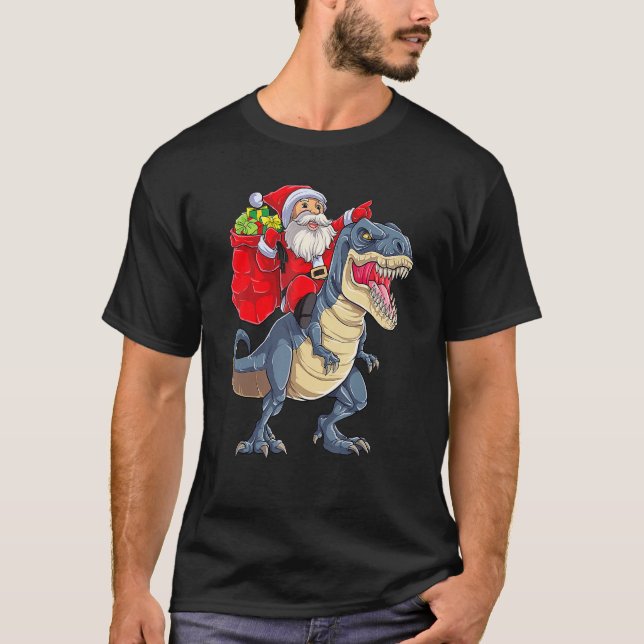 Santa Riding Dinosaur Rex Weihnachtsjunge Männer W T-Shirt (Vorderseite)
