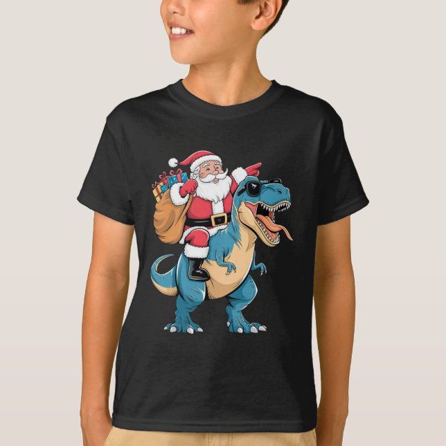 Santa Riding Dinosaur T Rex Christmas Boys Men Gir T-Shirt (Vorderseite)