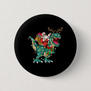 Santa Riding Dinosaur T rex Deer Kids Boys Men Chr Button