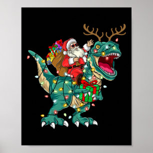 Santa Riding Dinosaur T rex Deer Kids Boys Men Chr Poster