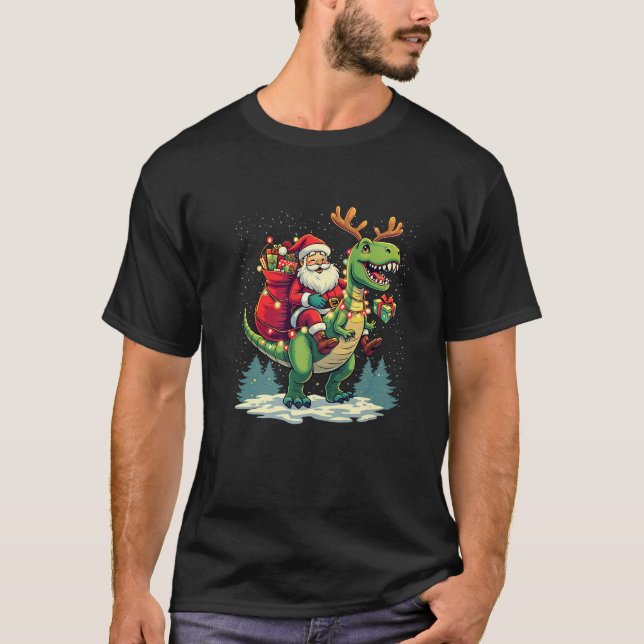Santa Riding Dinosaur T rex Deer Xmas Lights pajam T-Shirt (Vorderseite)