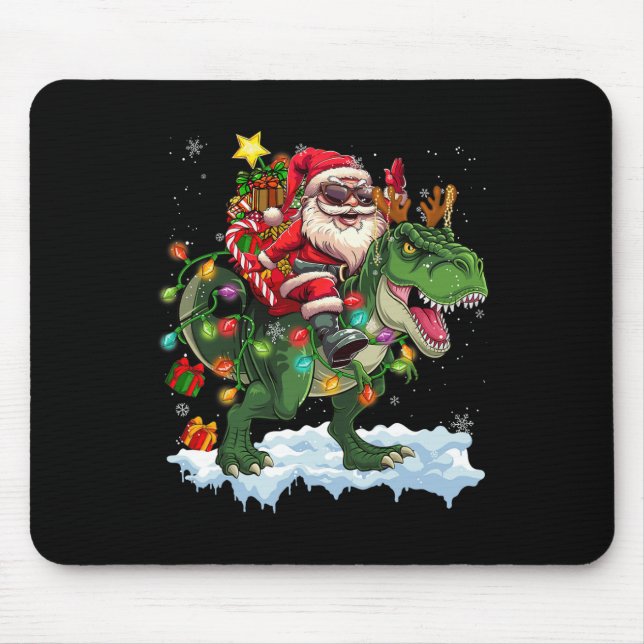 Santa Riding Dinosaur T Rex Weihnachtsbaum Lichter Mousepad (Vorne)