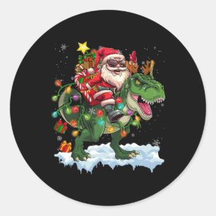 Santa Riding Dinosaur T Rex Weihnachtsbaum Lichter Runder Aufkleber