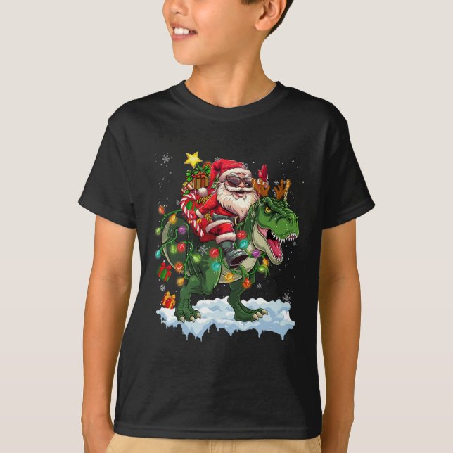 Santa Riding Dinosaur T Rex Weihnachtsbaum Lichter T-Shirt (Vorderseite)