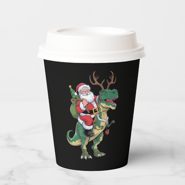 Santa Riding Dinosaur T-Rex Weihnachtsfeiertag Pappbecher (Vorderseite)