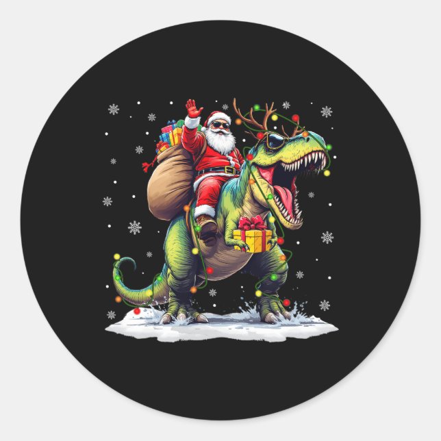 Santa Riding Dinosaur T Rex Weihnachtsjunge Männer Runder Aufkleber (Vorderseite)